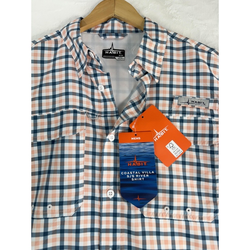 Habit Shirt Mens Medium Blue Orange Plaid Coastal Villa S/S River Fishing Vented - Picture 3 of 6